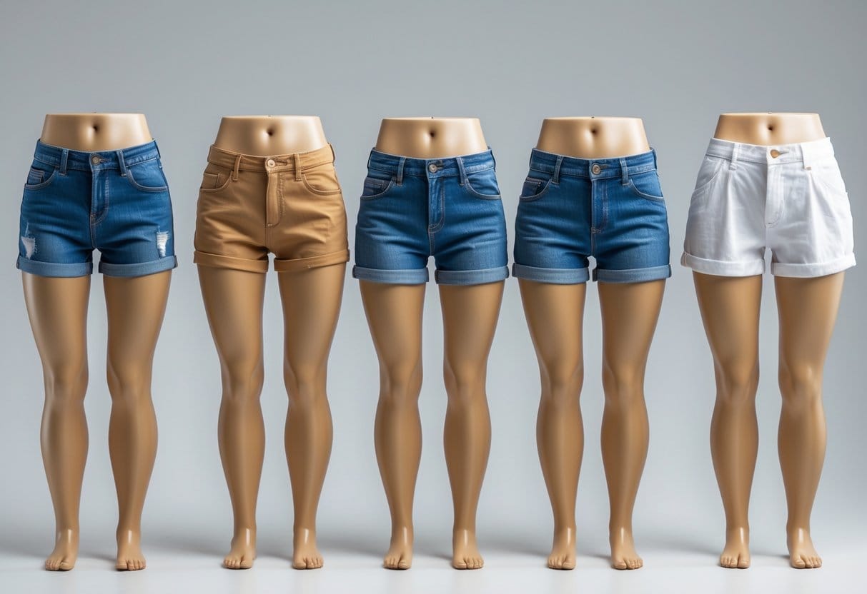 A display of various types of short shorts on mannequins or models arranged against a plain background.