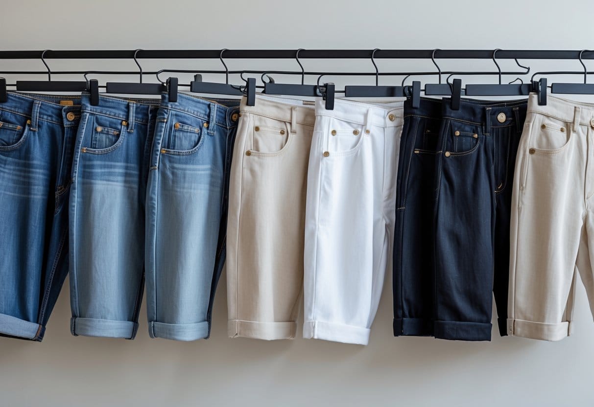 Various styles of Capri shorts in different colors and fabrics arranged on a neutral background.