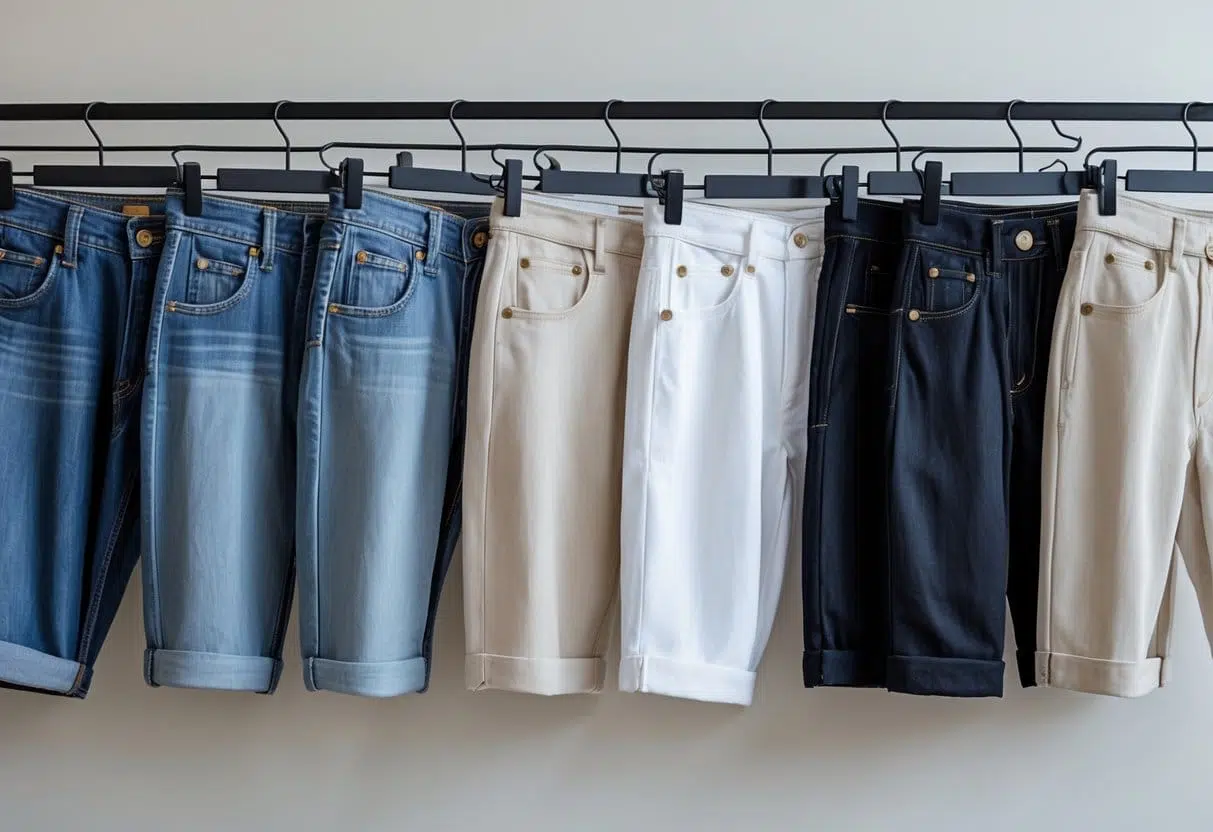 Various styles of Capri shorts in different colors and fabrics arranged on a neutral background.