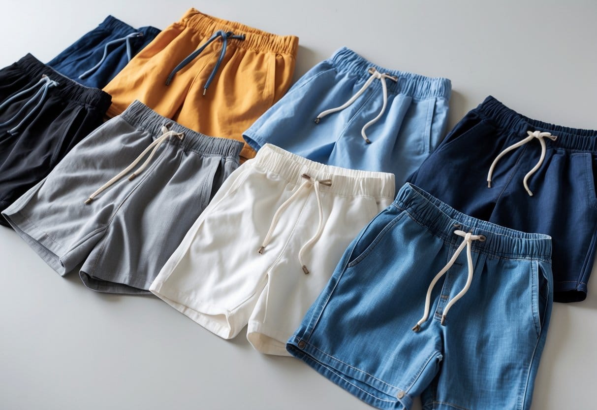A collection of different types of drawstring shorts arranged on a neutral background.
