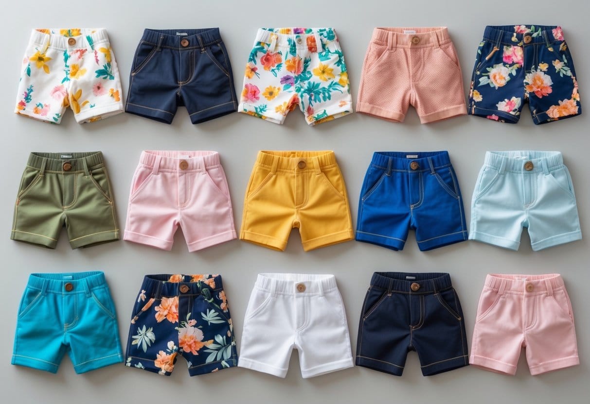 Various types of boy shorts in different colors and fabrics arranged on a plain background.