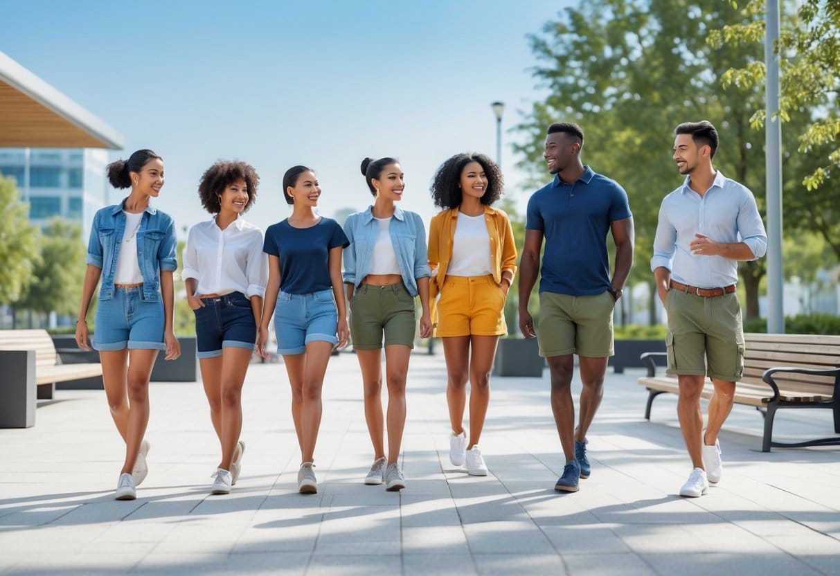 A group of people outdoors wearing different styles of shorts, standing and interacting in a park.