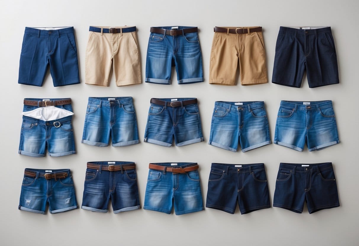 A collection of various shorts arranged on a plain background, showing different lengths and fits.