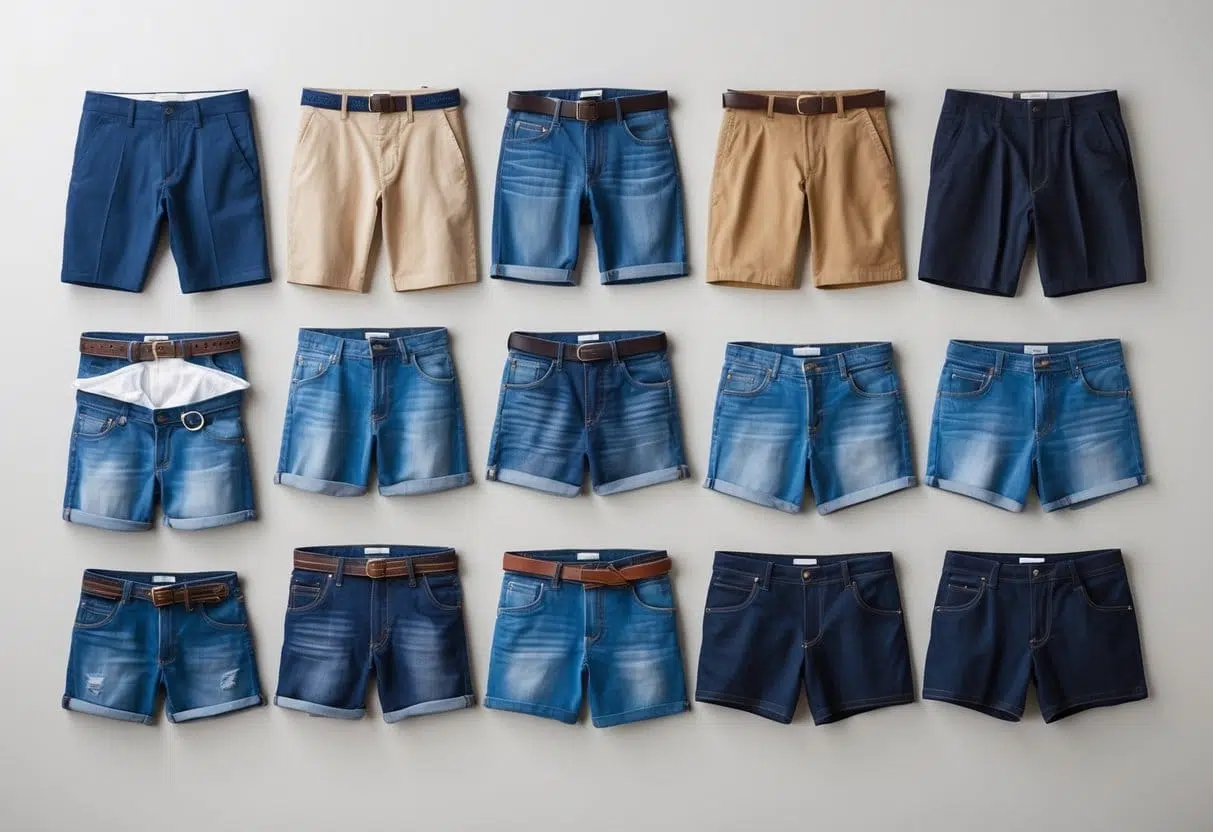 A collection of various shorts arranged on a plain background, showing different lengths and fits.