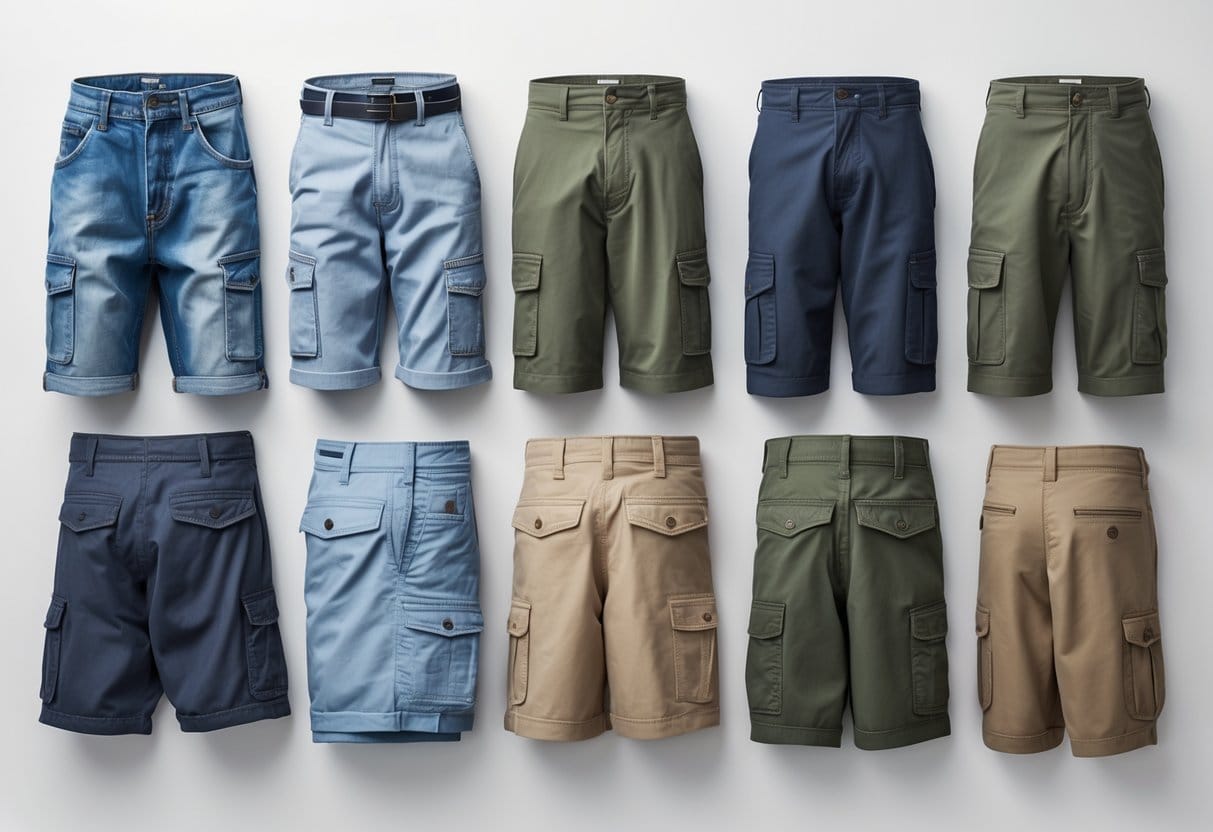 A variety of different types of shorts arranged neatly on a white background.