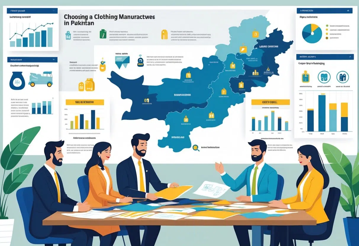 Business professionals discussing clothing manufacturing in an office with fabric samples, garment prototypes, and a map of Pakistan showing factory locations.