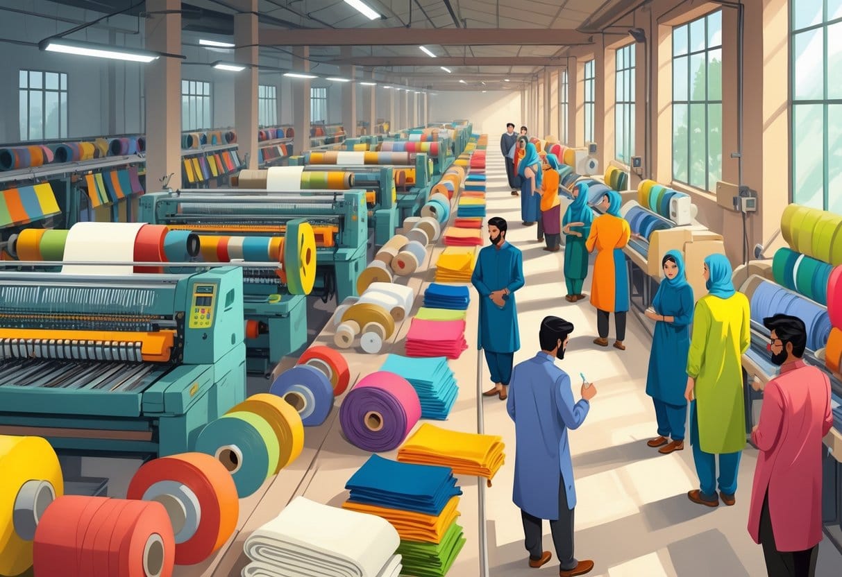 A busy textile factory with workers operating sewing and weaving machines, colorful fabrics, and clothing manufacturers inspecting garments.