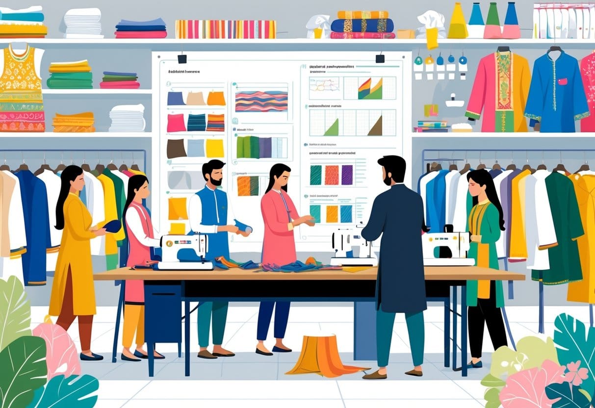 A workspace showing designers and tailors working with fabrics and clothing samples in a Pakistani garment manufacturing setting.