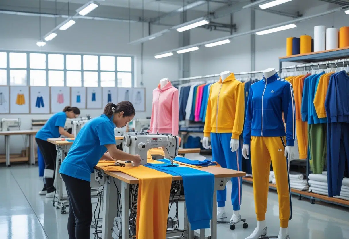 Workers sewing custom tracksuits in a well-lit clothing manufacturing workshop with mannequins displaying finished tracksuits.