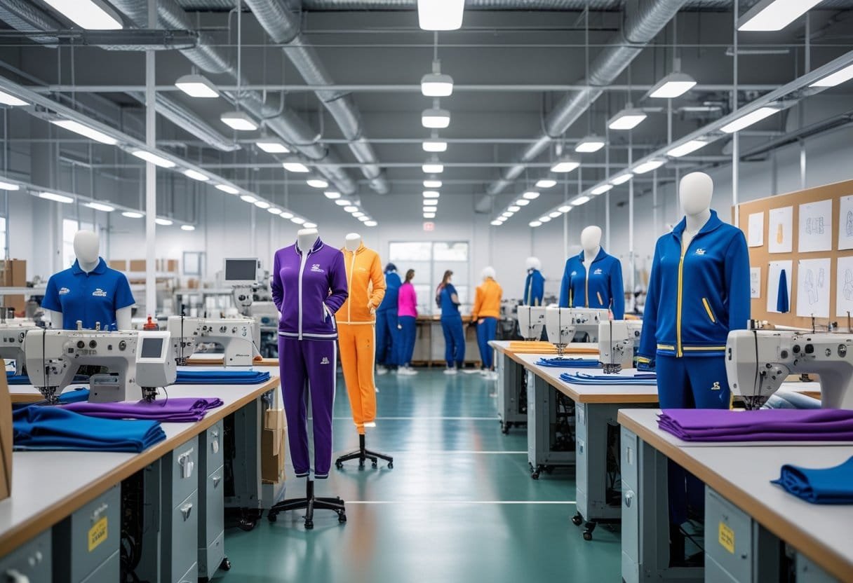 A factory floor with workers sewing and inspecting custom tracksuits displayed on mannequins.