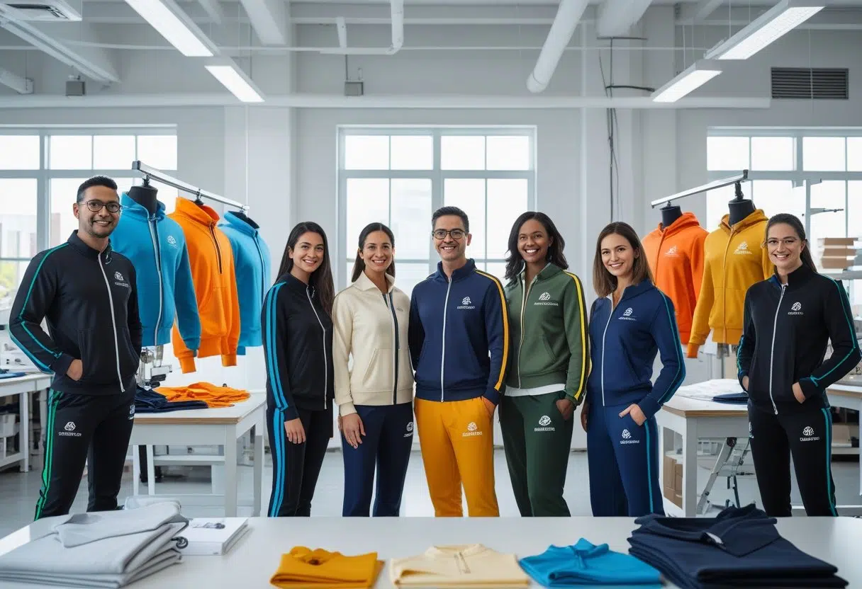 A group of fashion designers working together in a bright studio with custom tracksuits displayed on mannequins and racks.