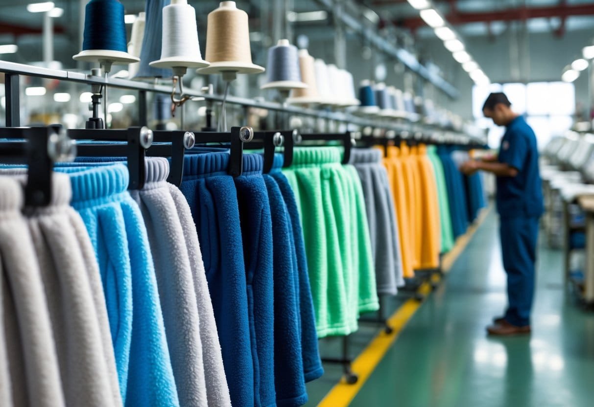 A factory setting with fleece shorts displayed on racks and workers inspecting the garments.