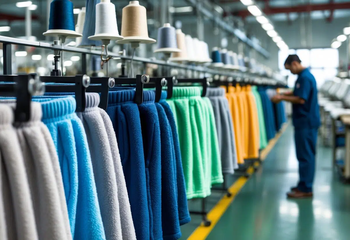 A factory setting with fleece shorts displayed on racks and workers inspecting the garments.