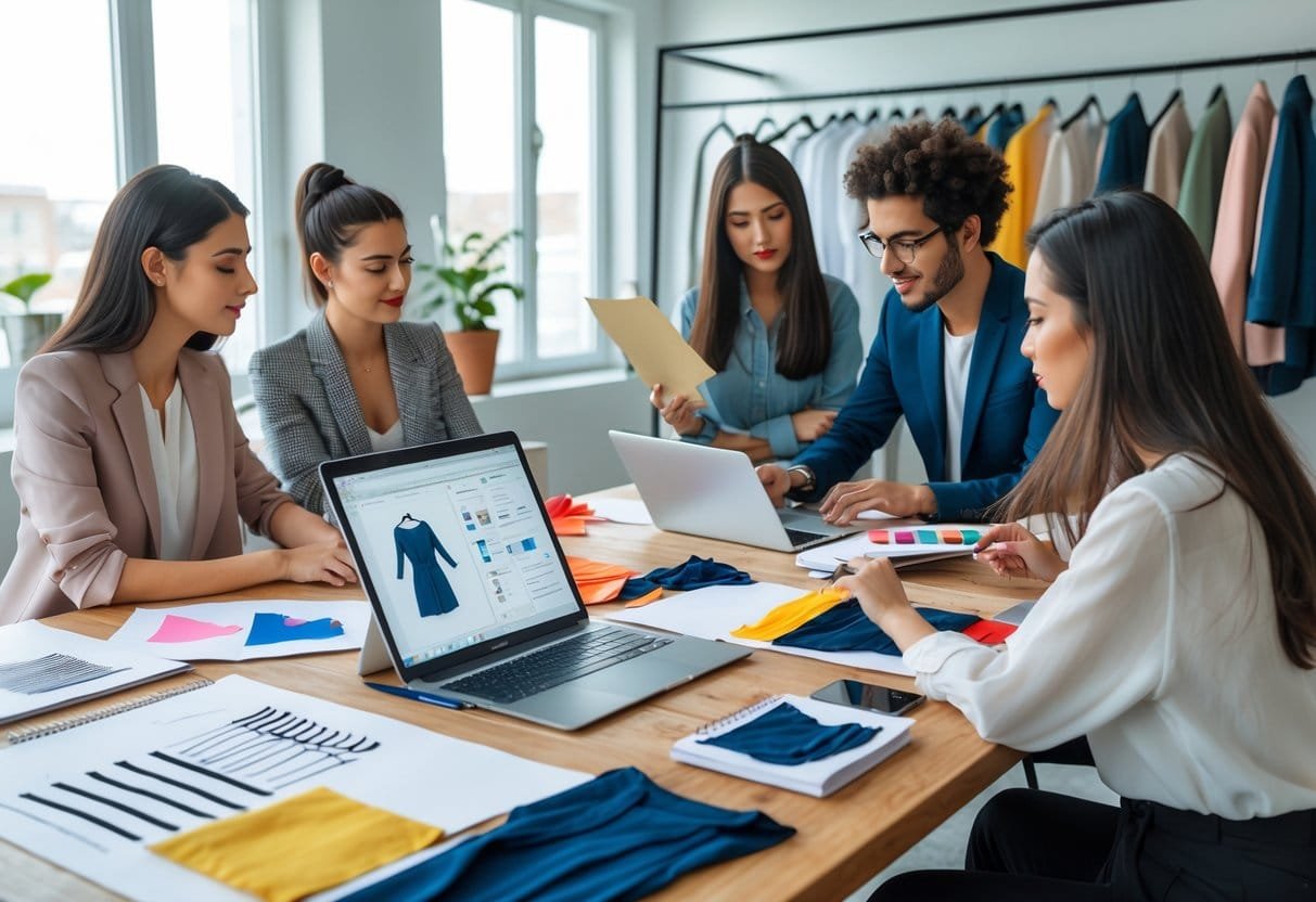 A group of people working together at a table with clothing sketches, fabric samples, and a laptop in a bright workspace with clothes on a rack.