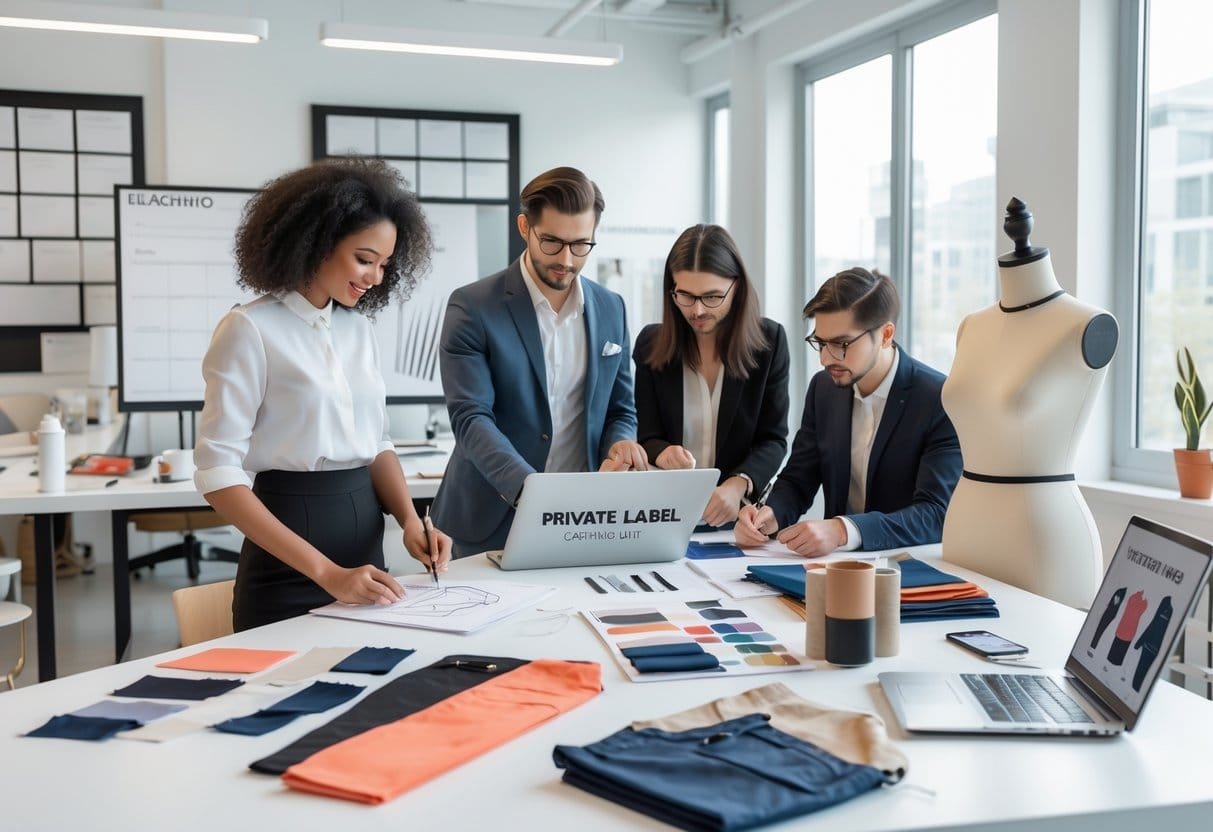 A group of people working together in a bright office with clothing designs, fabric samples, and a mannequin displaying a garment.