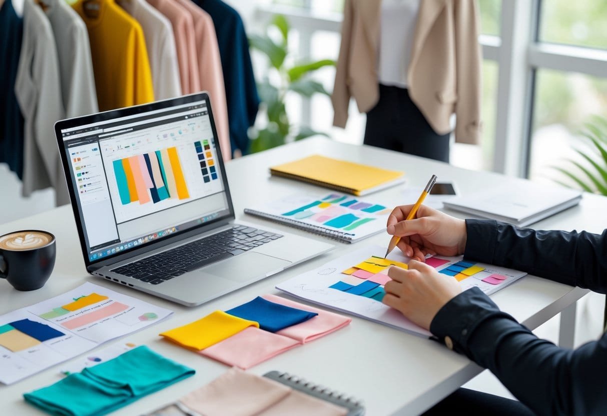 A workspace with hands sketching clothing designs, fabric samples, a laptop, and clothing samples on a rack in the background.