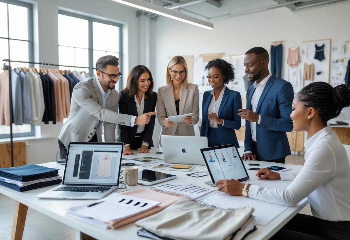 A team of professionals working together at a table with clothing designs, fabric samples, and laptops in a bright office space.