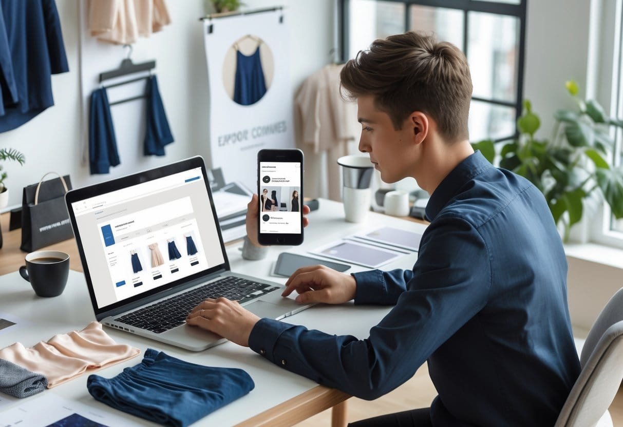A person working at a desk with a laptop, smartphone, clothing samples, and design materials, setting up an online clothing store.