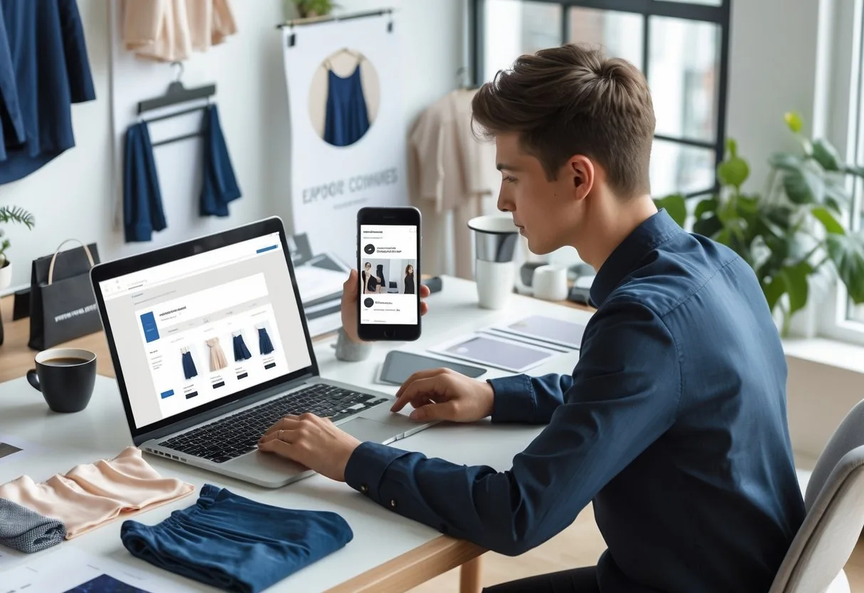A person working at a desk with a laptop, smartphone, clothing samples, and design materials, setting up an online clothing store.