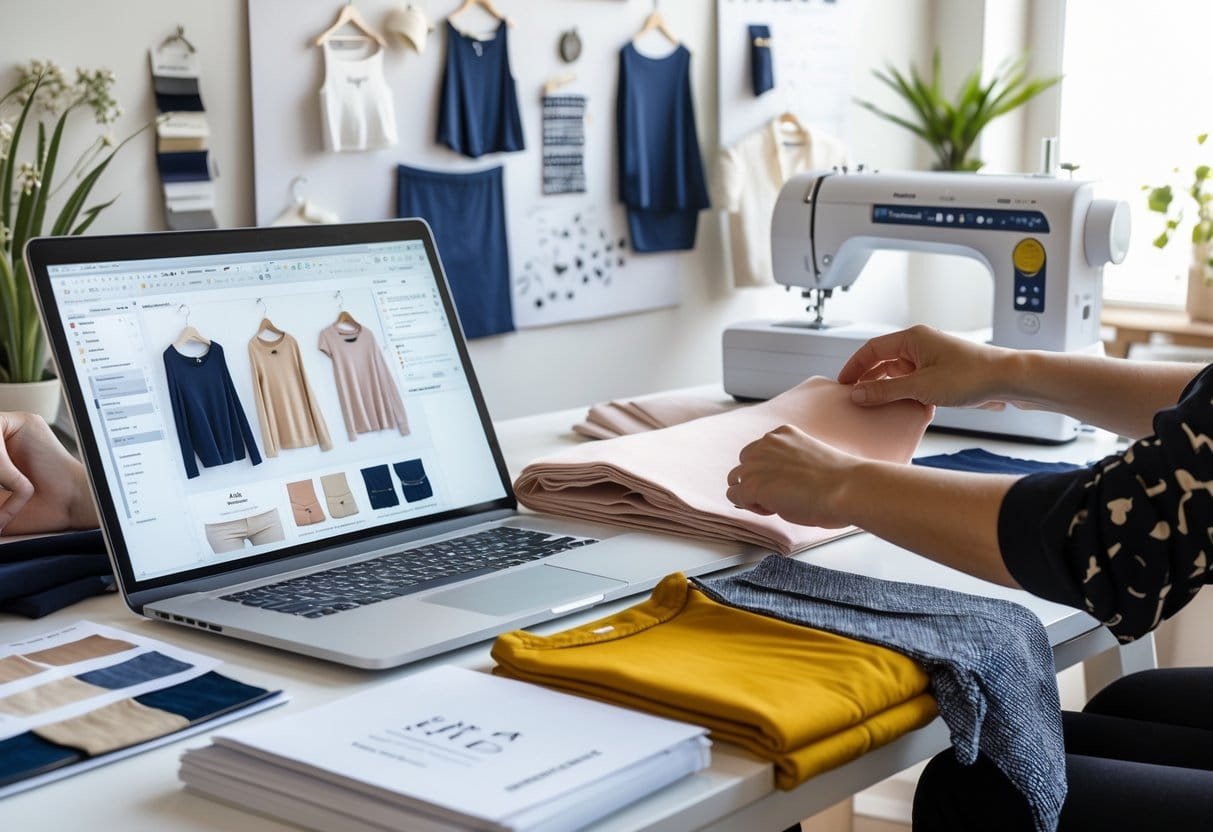 A workspace with a laptop, fabric swatches, clothing sketches, and a sewing machine, showing someone working on clothing designs.