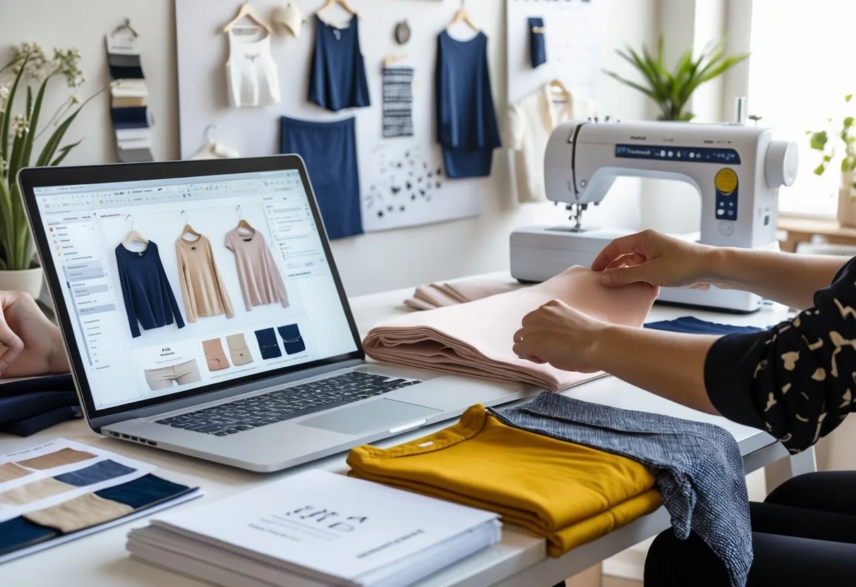 A workspace with a laptop, fabric swatches, clothing sketches, and a sewing machine, showing someone working on clothing designs.