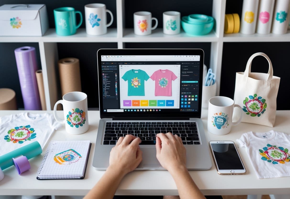 A workspace with a laptop showing design software, printed t-shirts, mugs, and tote bags, with a person working on the laptop surrounded by printing supplies.