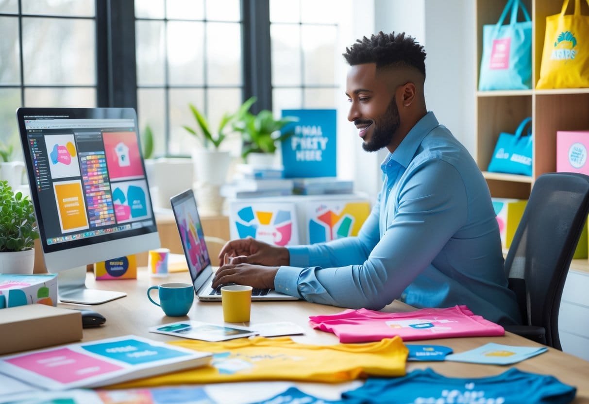 A person working on a laptop at a desk with print samples, custom t-shirts, mugs, and packaging materials in a bright office.
