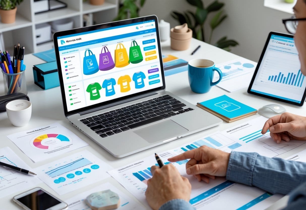 Workspace with a laptop showing product images and sales data, hands pointing at the screen, and various print-on-demand products on the desk.