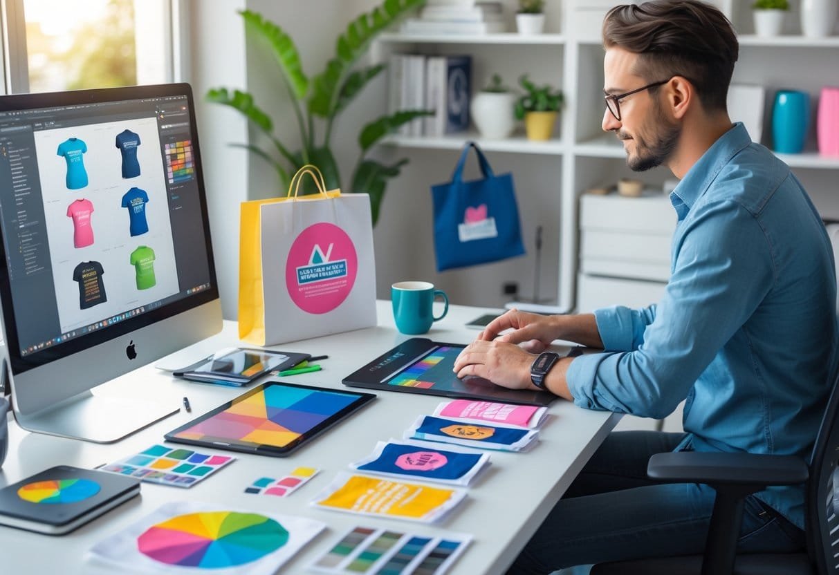 A person working at a desk with a computer and design tools, surrounded by printed merchandise samples in a bright workspace.