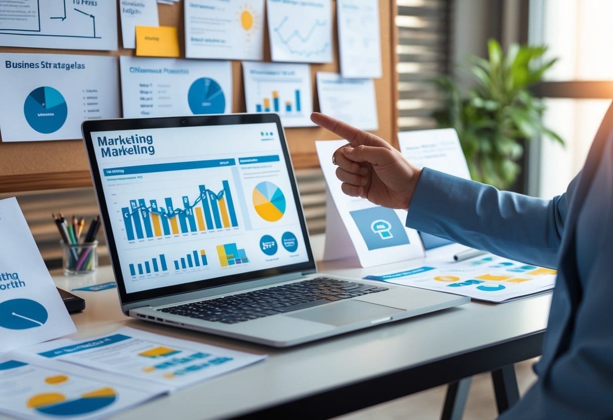 A workspace with a laptop showing marketing charts, print-on-demand product mockups, and a person pointing at the screen during a business planning session.