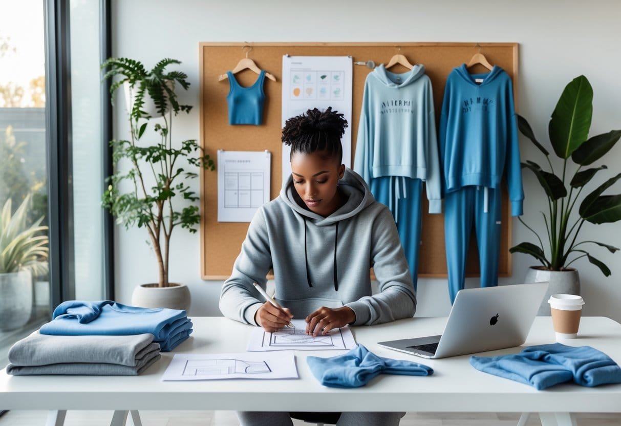 A young person working at a desk with loungewear samples, sketching designs on a tablet in a bright room with natural light.