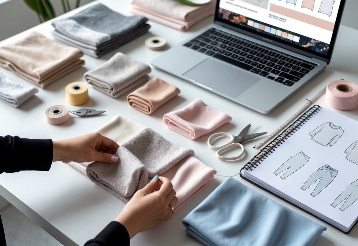 Hands examining fabric swatches and sewing tools on a table with clothing sketches and a laptop.