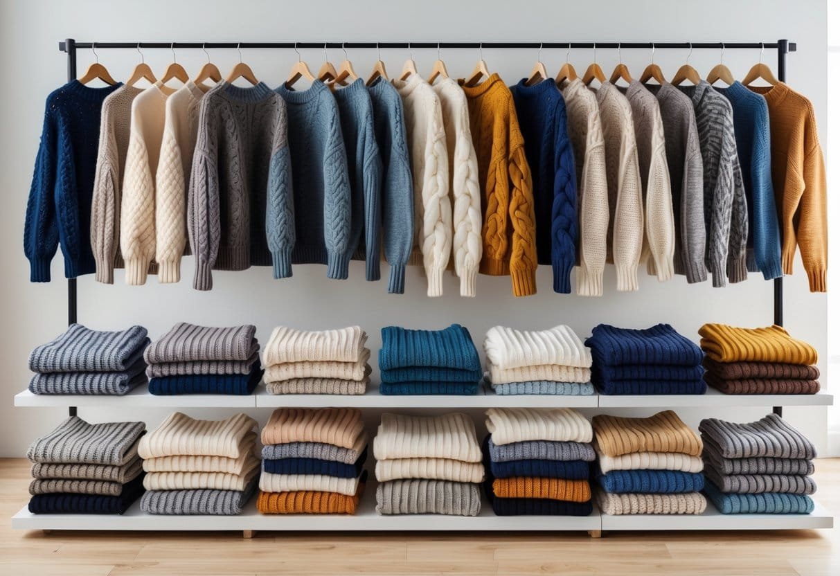 A collection of various sweaters displayed on hangers and shelves, showing different styles and colors.