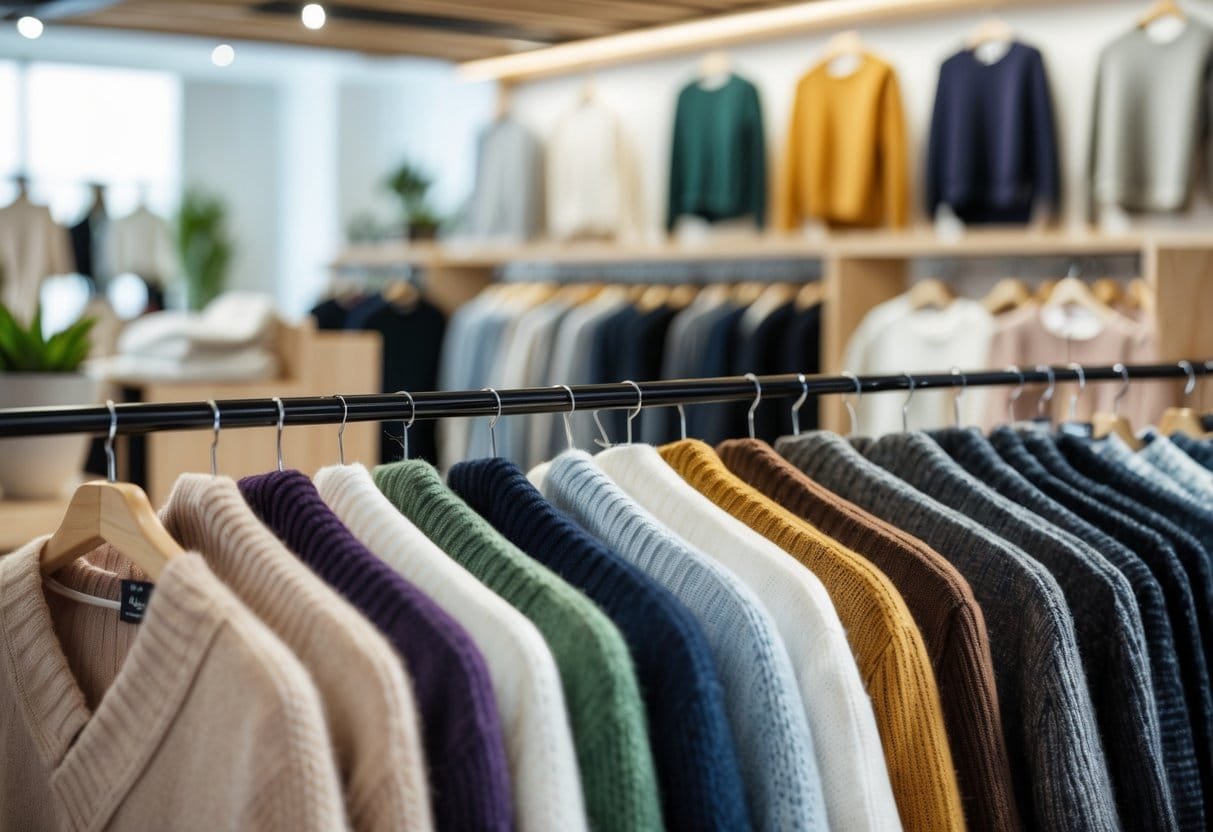 A display of various sweaters, with V-neck styles prominently arranged on shelves and hangers in a clothing store.