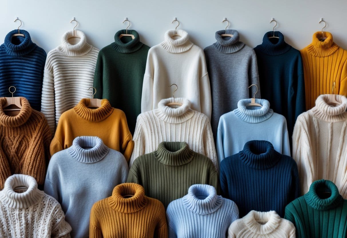 A collection of various sweaters, including many different turtleneck styles, arranged neatly against a plain background.