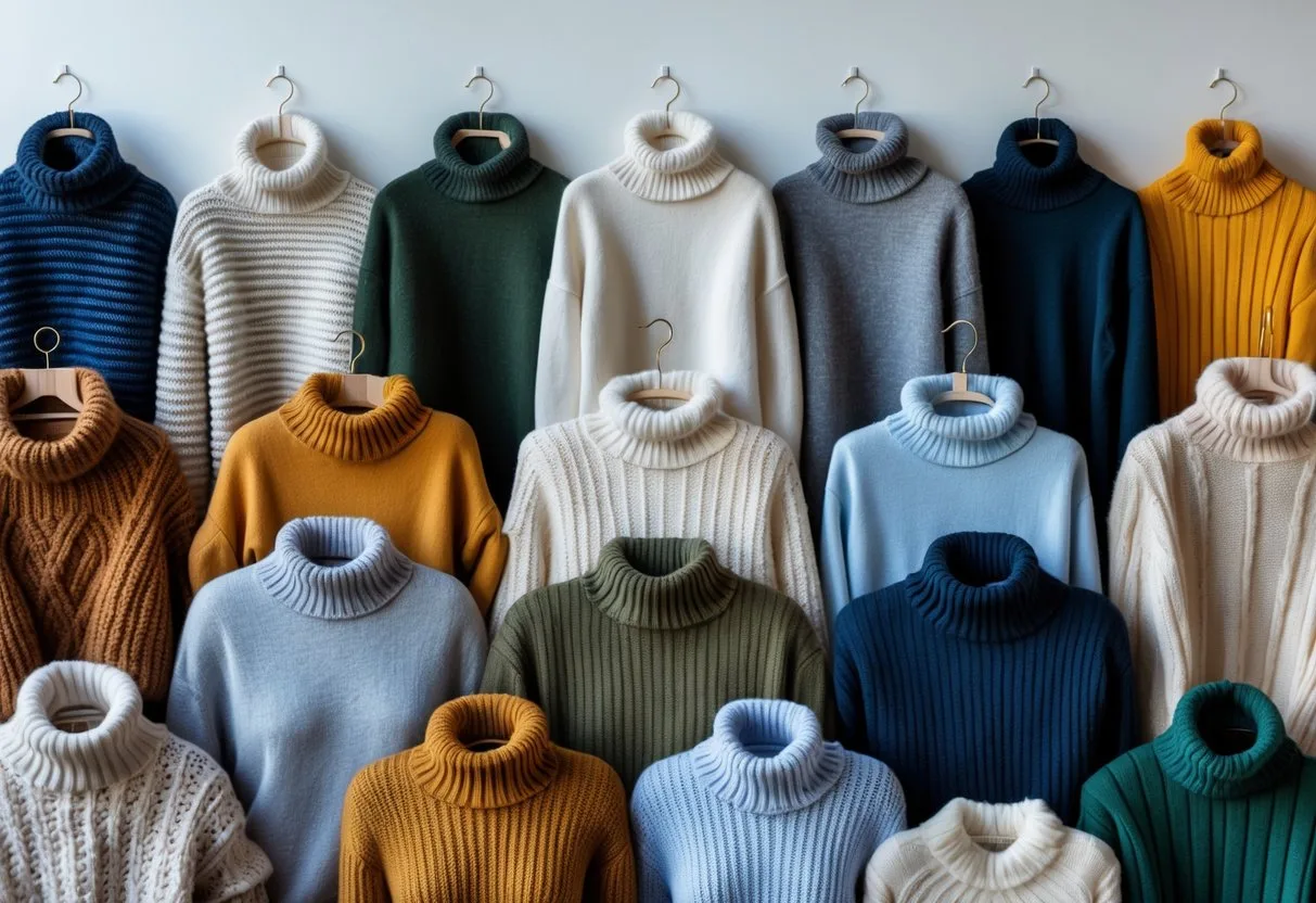 A collection of various sweaters, including many different turtleneck styles, arranged neatly against a plain background.