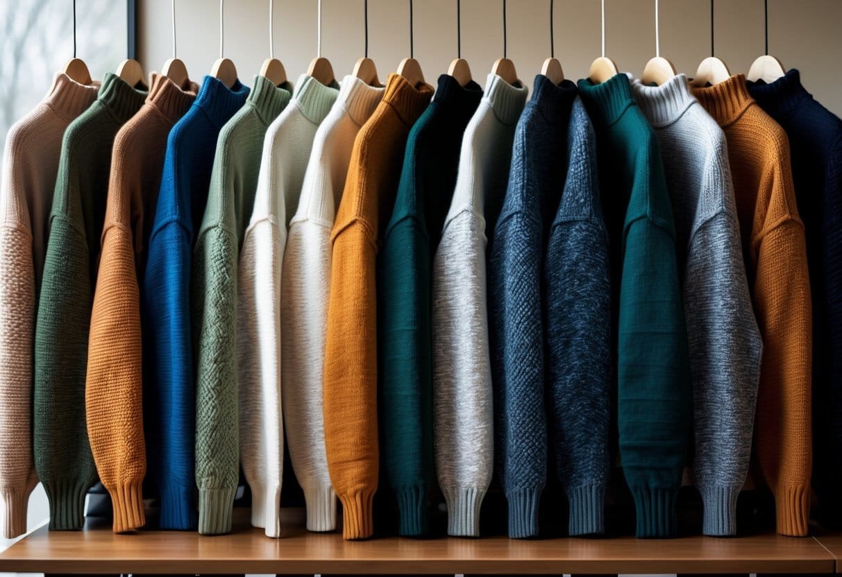 A collection of different colored and textured mock neck sweaters laid out on a wooden table.