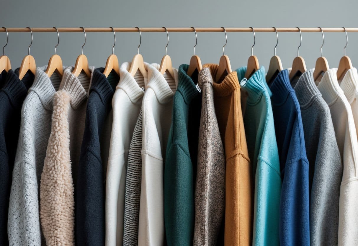 A collection of various zip-up sweaters hanging on wooden hangers against a plain background.