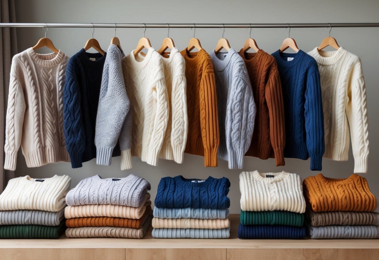 A collection of different cable knit sweaters displayed on hangers and folded on a wooden surface.