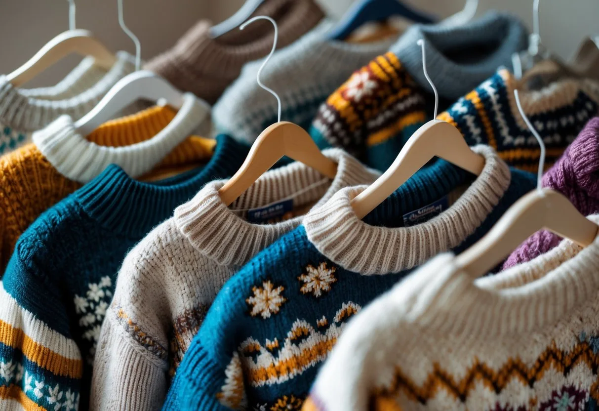 A collection of 53 different patterned sweaters displayed on wooden hangers against a neutral background.