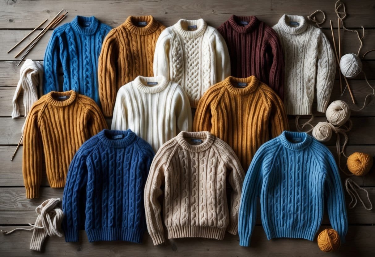 A flat lay of various fisherman’s sweaters with different knit patterns arranged on a wooden surface, accompanied by knitting needles and wool yarn.