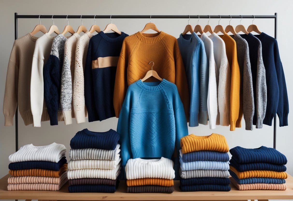A collection of various sweaters displayed on hangers and folded on a table.