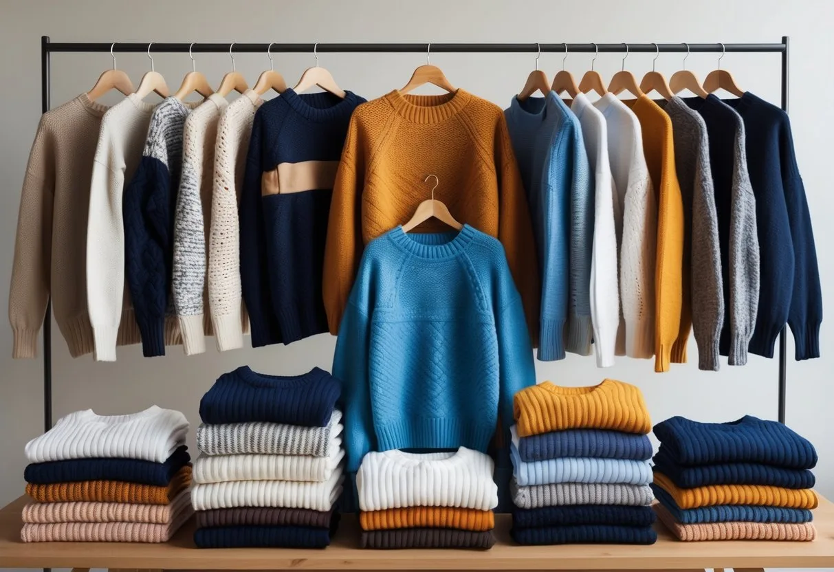 A collection of various sweaters displayed on hangers and folded on a table.