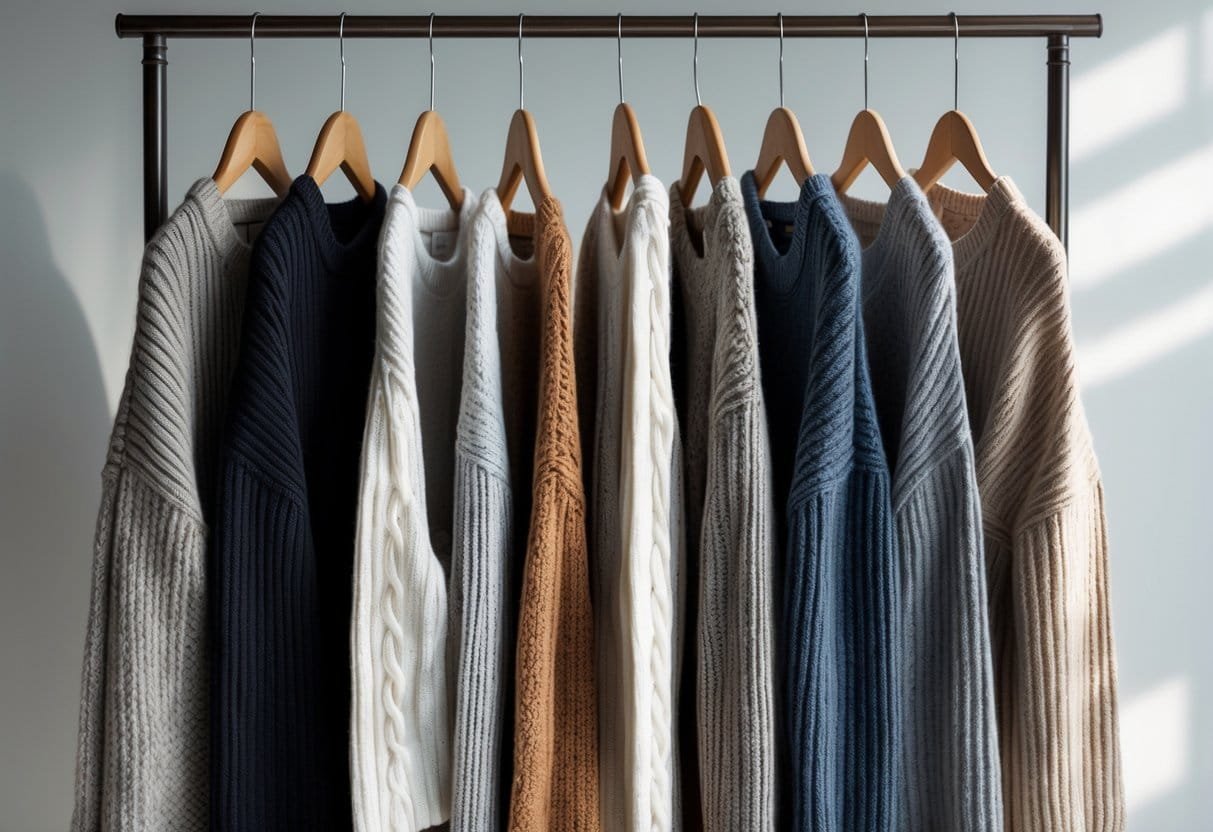 A collection of longline sweaters hanging on wooden hangers against a plain background.