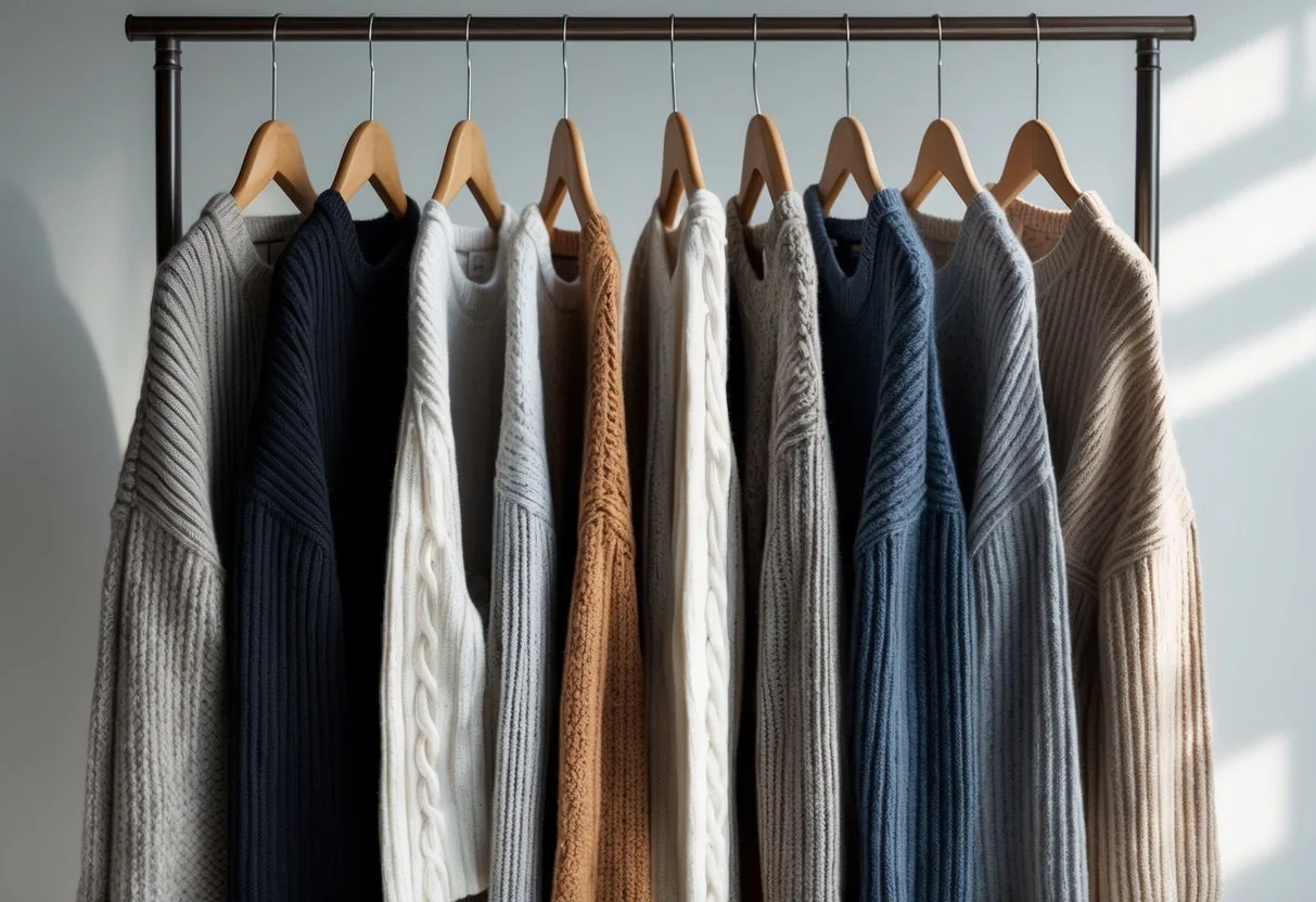 A collection of longline sweaters hanging on wooden hangers against a plain background.