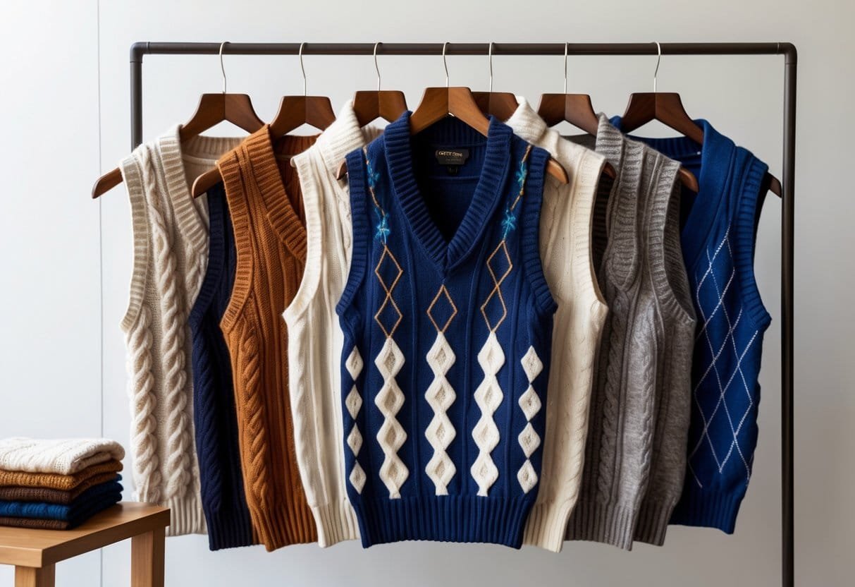 A collection of different sweater vests hanging on wooden hangers and folded on a table, displayed in an organized manner.