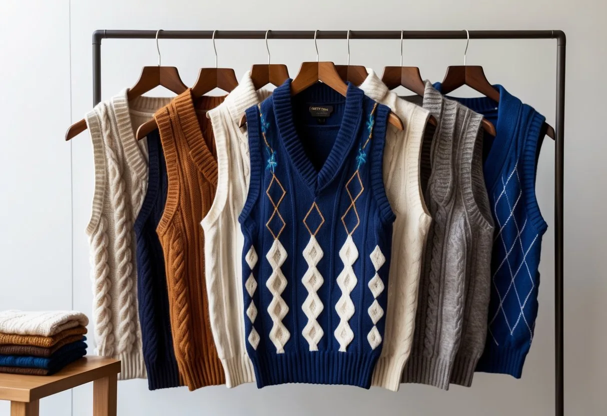 A collection of different sweater vests hanging on wooden hangers and folded on a table, displayed in an organized manner.