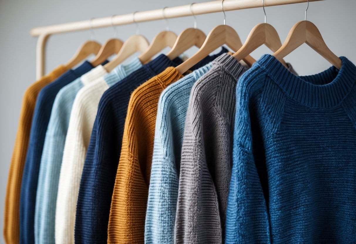 A collection of sweaters with raglan sleeves hanging on wooden hangers against a plain background.