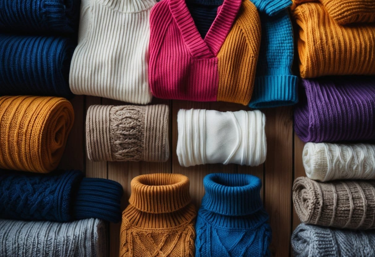 A collection of various sweaters in different styles and colors arranged neatly on a wooden surface.