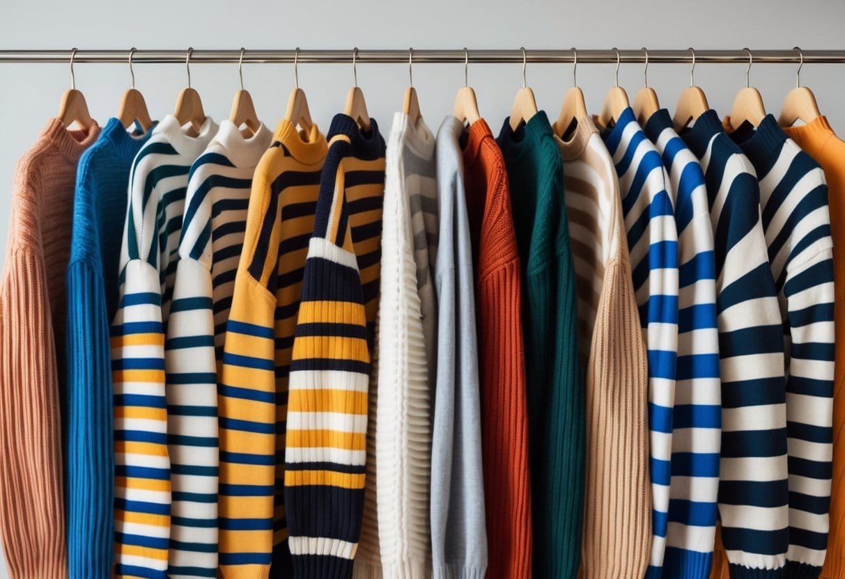 A collection of various striped sweaters hanging on wooden hangers arranged neatly against a plain background.
